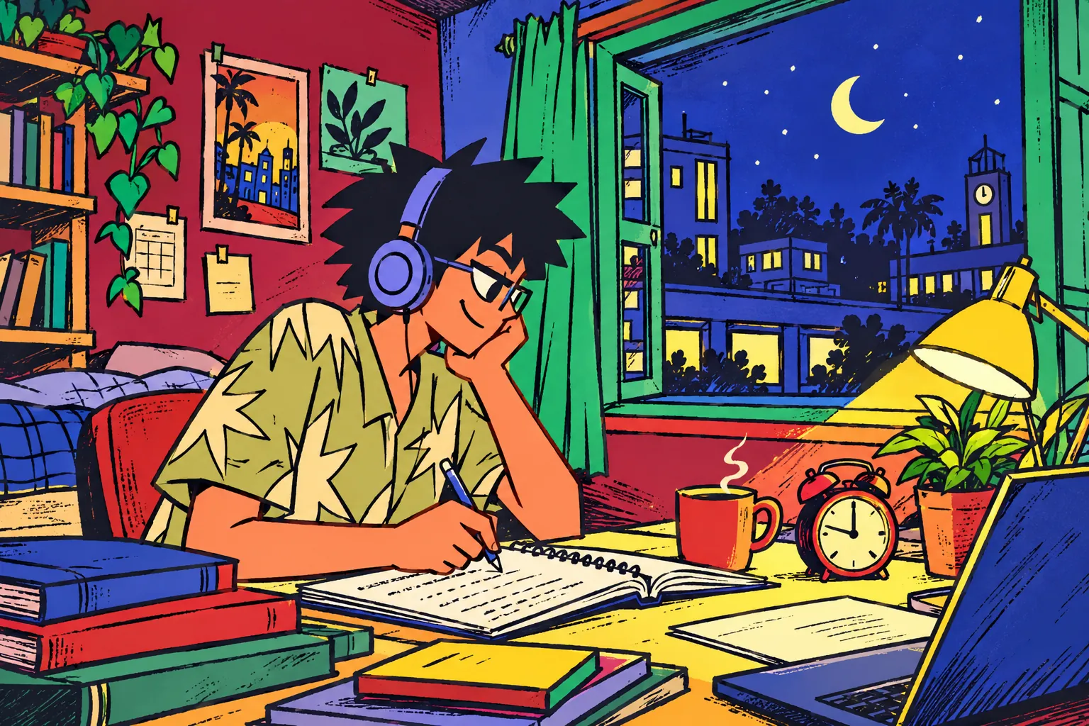 Studying by a moonlit campus window