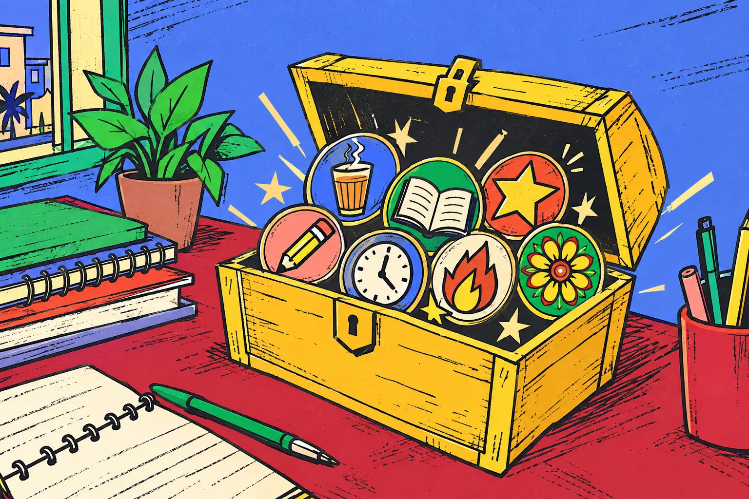 A hand-drawn treasure chest filled with study badges
